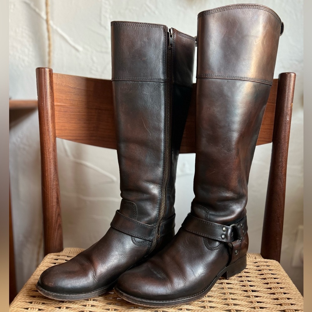 Frye Melissa Harness Tall Boots Brown Leather Riding Moto Knee High 7 B 76929